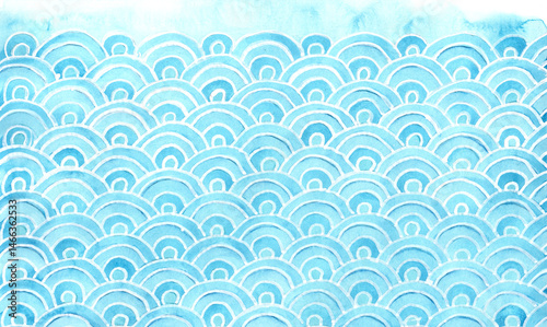 Watercolor painting of Japanese wave pattern in blue tones
