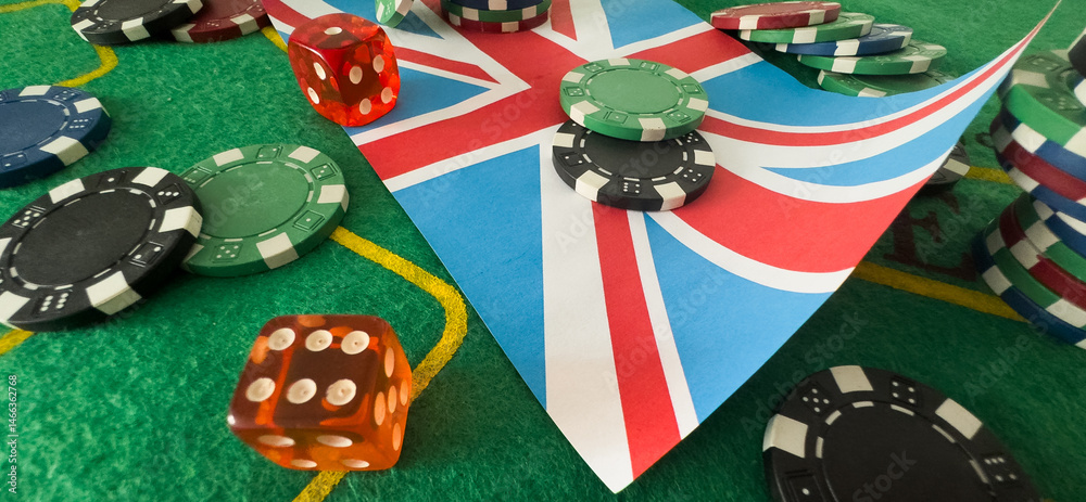 poker chips, flag of Great Britain on blackjack table