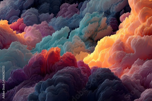 Textured formations resembling multicolored clouds with orange, red, blue, and violet hues, evoking a dreamlike, otherworldly landscape