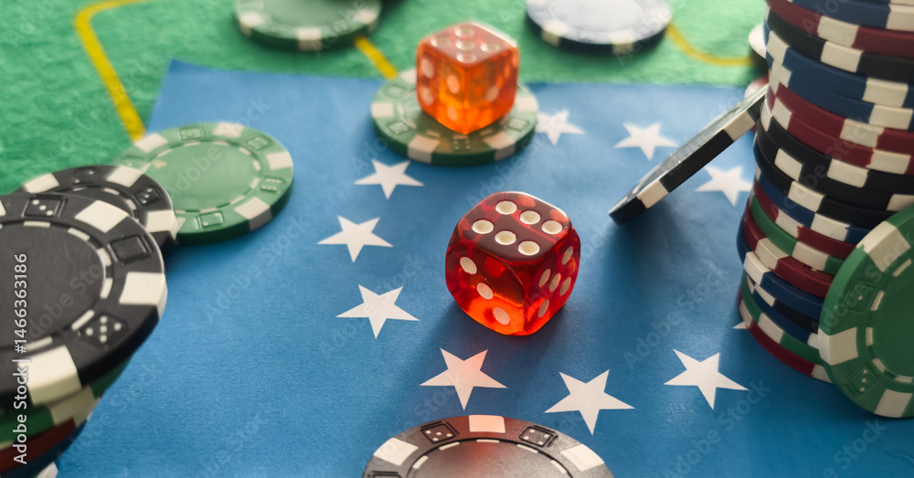 Casino background. Roulette table Chips. Casino theme. High contrast image of casino roulette, poker game, dice game, poker chips on a gaming table. flag of the European Union