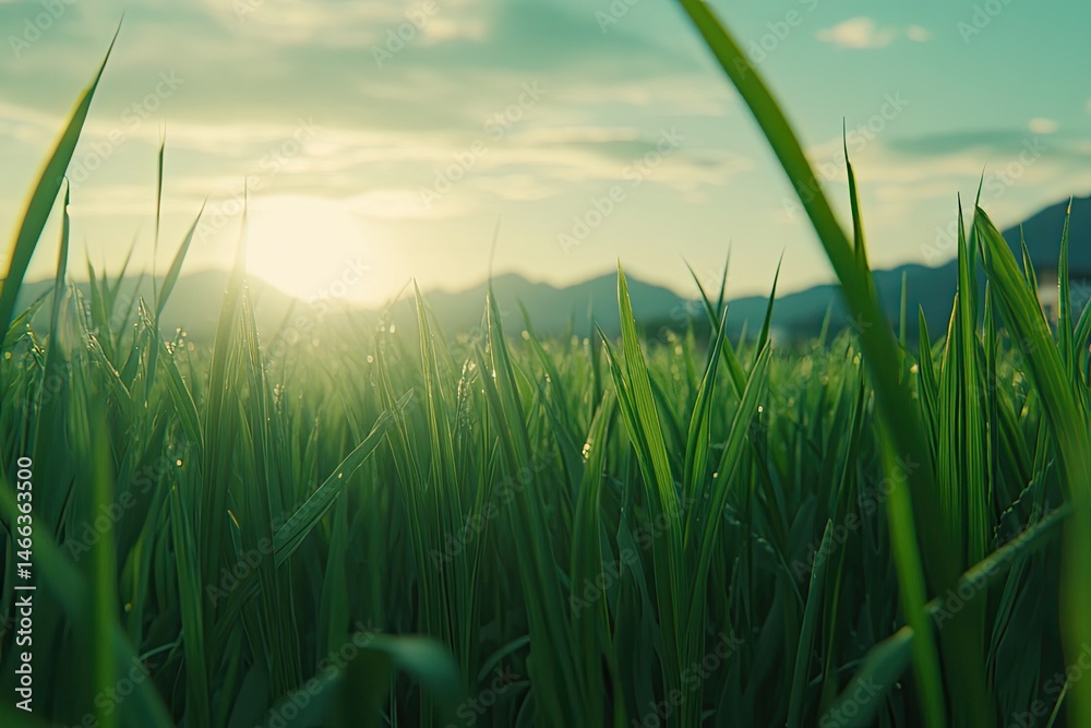 Fototapeta premium Lush green grass field at sunrise