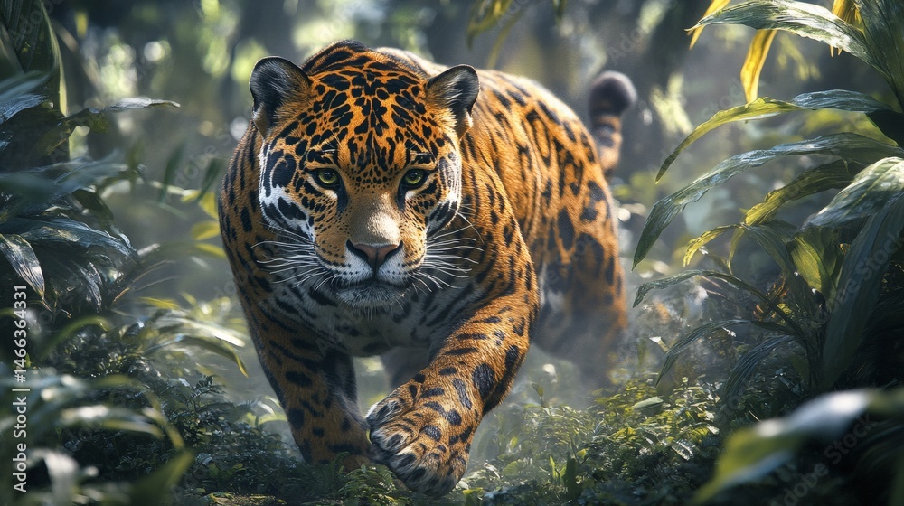 Leopard hiding in tropical foliage with focused eyes and spotted fur pattern in tense wild jungle setting