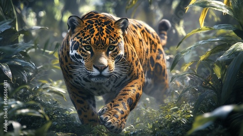 Obraz na płótnie Leopard hiding in tropical foliage with focused eyes and spotted fur pattern in tense wild jungle setting
w salonie