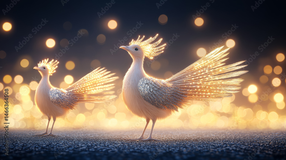 Fototapeta premium Two ethereal birds with shimmering feathers and glowing crowns stand gracefully against backdrop of soft, golden bokeh lights, evoking sense of magic and wonder