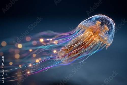 Translucent Jellyfish with Streaming Filaments against a Dark Blue Backdrop showcasing bioluminescence and light trails