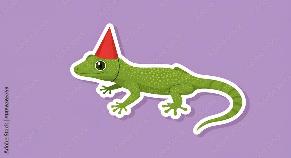 Fototapeta premium Cartoon Gecko with Party Hat on Purple Background for Celebration