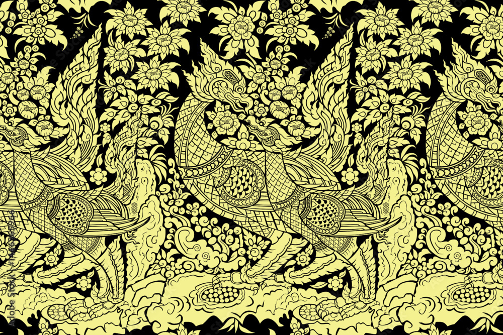 Naklejka premium Seamless traditional Thai art pattern in damask style motifs suitable for wallpaper, clothing, curtain, textile, tile, blanket, and fabric design isolated illustration vector archive EPS file.