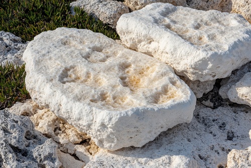 Two large, light-colored, porous stones, possibly limestone, showing distinct patterns and textures.  A cluster of similar stones are in the background