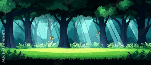 71. A captivating jungle landscape reveals the delicate balance of life within its lush depths. Towering trees and vibrant foliage create a vibrant green backdrop, while colorful flowers bloom 