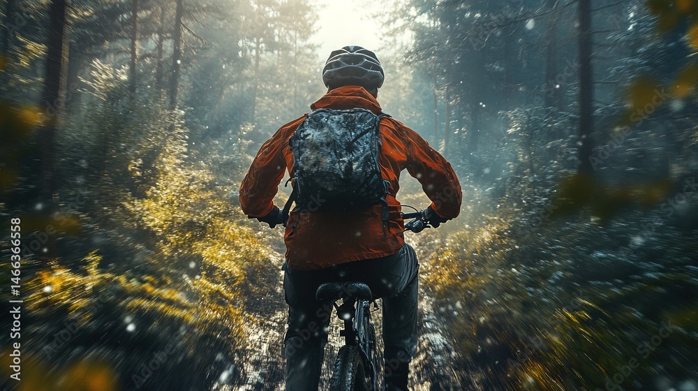 Fototapeta premium A close-up of a cyclist riding through a forest trail, dynamic action