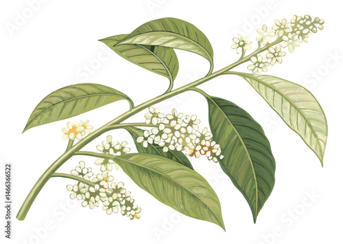 Close-up of green leaves and a tree branch isolated on white background showcasing fresh spring foliage and nature's beauty