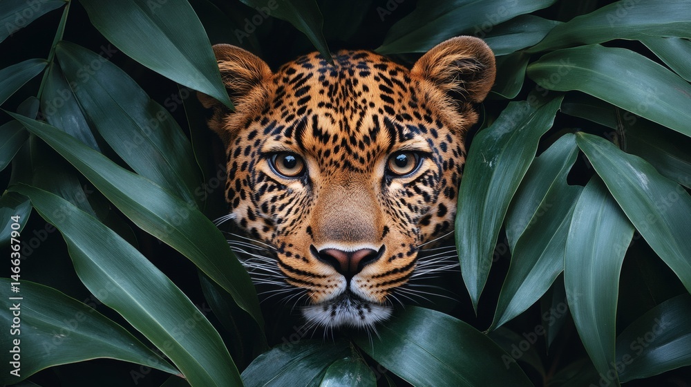 Leopard hiding in tropical foliage with focused eyes and spotted fur pattern in tense wild jungle setting