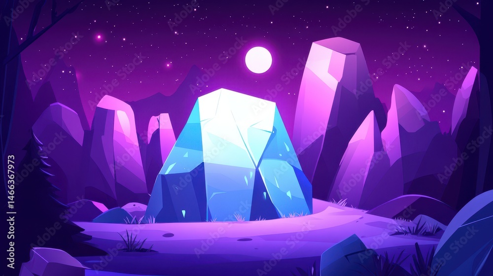 Fototapeta premium Luminous pixelated crystal cave artwork displaying serene landscapes with fantasy and digital art elements in beautiful purple shades