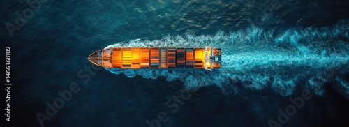 High-angle view of a cargo ship on dark water.