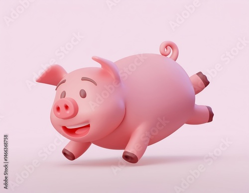 3D cheerful piglet joyfully bounces across a pale pink background photo