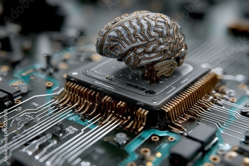 Human brain atop central processing unit, connecting circuits, motherboard closeup. Technological advancement meets complex intelligence.
