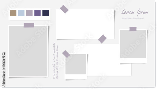 Photo collage layout design. Mood board background. Photo frame with color palette and sticky notes. Vector illustration
