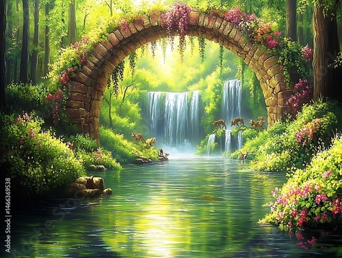 87. A breathtaking jungle panorama captures the essence of life thriving in a lush environment. Towering trees, draped in colorful vines, create a natural tapestry of greenery. In the foreground, 