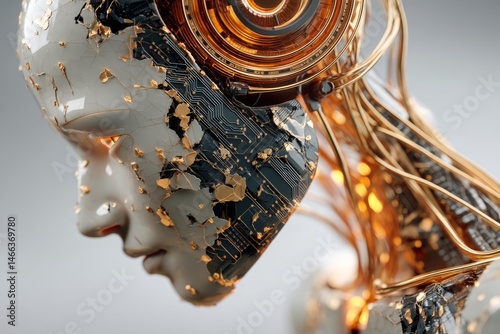 Elegant Tech: Robotic Female Head with Gold Wiring, Circuit Board and Fine Detailing Against a Plain Backdrop
