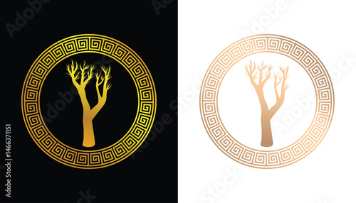 Beautiful ancient greek tree and circle vector image logo in gold color which is cool and amazing for design purposes with black and white background
