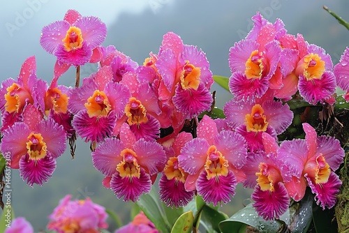 2. An expansive view of a dense jungle reveals the intricate layers of life within. Brightly colored orchids cling to tree trunks, their petals glistening with morning dew. A family of capuchin 