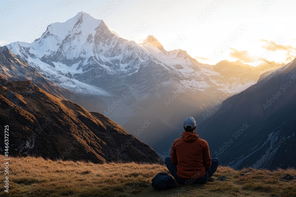Fototapeta premium Sunrise over mountains with man sitting cross-legged in silence