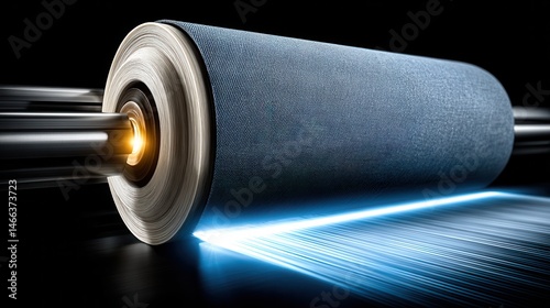 High speed textile manufacturing Close up of a large fabric roll unwinding on industrial machinery