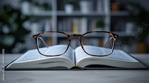Naklejka Open book with eyeglasses resting on top, in a home office or library setting