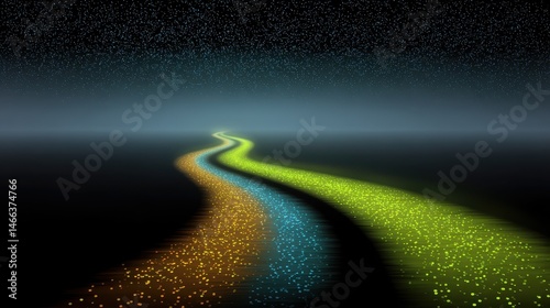 Abstract glowing path three colors winding road stars night sky digital art