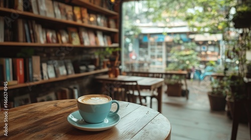 Cozy coffee shop with bookshelves