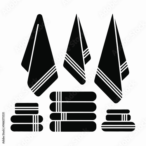   Silhouettes of hanging and folded towels in various shapes and sizes – minimalist black vector illustration of bathroom and kitchen towel icons for cleaning, hygiene, and household design