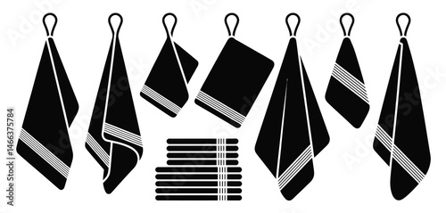   Silhouettes of hanging and folded towels in various shapes and sizes – minimalist black vector illustration of bathroom and kitchen towel icons for cleaning, hygiene, and household design