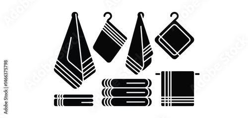   Silhouettes of hanging and folded towels in various shapes and sizes – minimalist black vector illustration of bathroom and kitchen towel icons for cleaning, hygiene, and household design