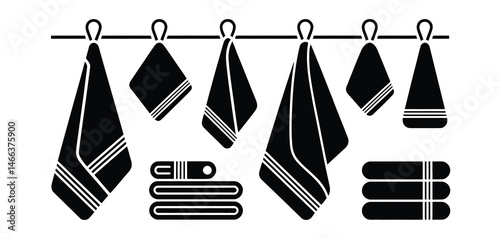   Silhouettes of hanging and folded towels in various shapes and sizes – minimalist black vector illustration of bathroom and kitchen towel icons for cleaning, hygiene, and household design