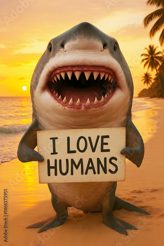 Smiling Shark with Open Jaws Holding Sign I Love Humans in Sunset Scene, funny animals and wildlife