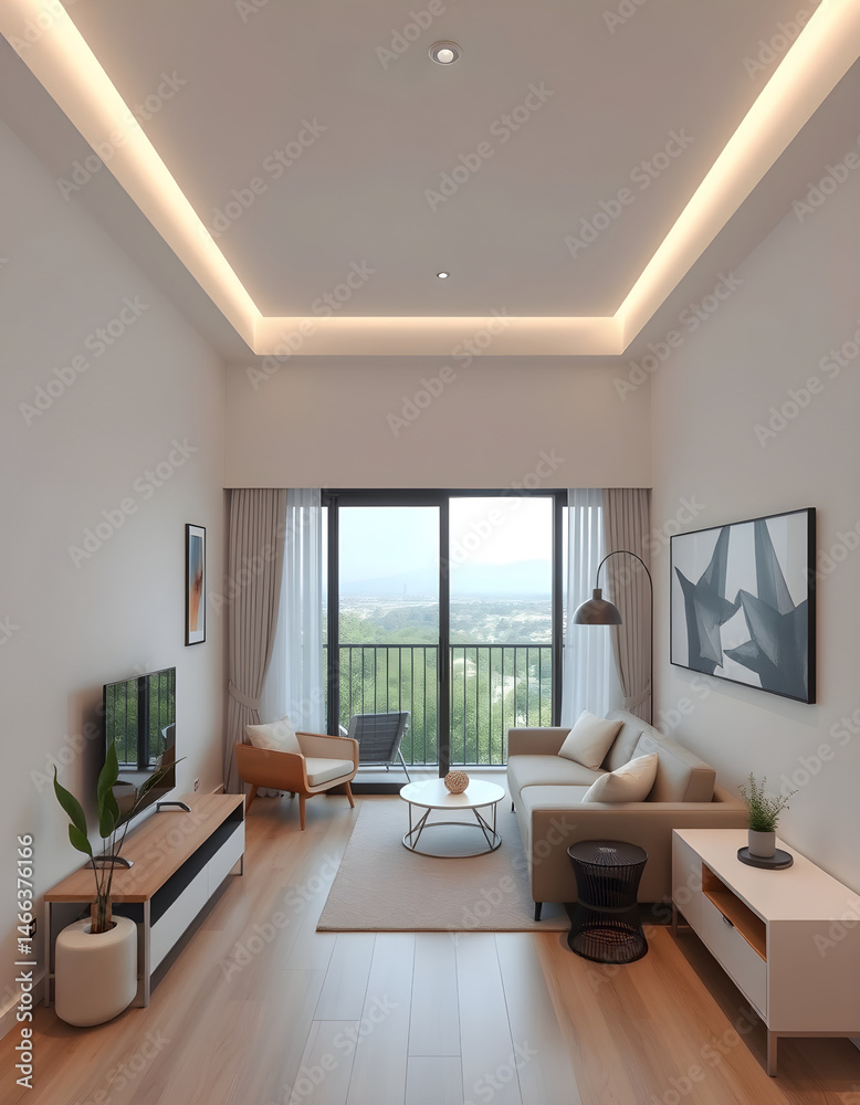 Fototapeta premium Contemporary Living Room with Panoramic Balcony View