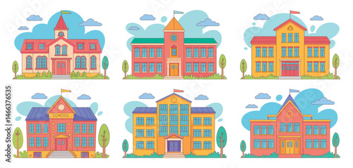   Vector illustrations of various school buildings including traditional, modern, and educational campus structures. Ideal for themes related to education, school environment, and academic institution