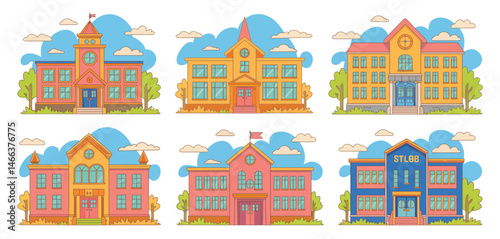   Vector illustrations of various school buildings including traditional, modern, and educational campus structures. Ideal for themes related to education, school environment, and academic institution