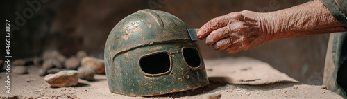 Elderly hand carefully polishing ancient helmet, closeup detail, rustic setting, historical artifact, nostalgic atmosphere