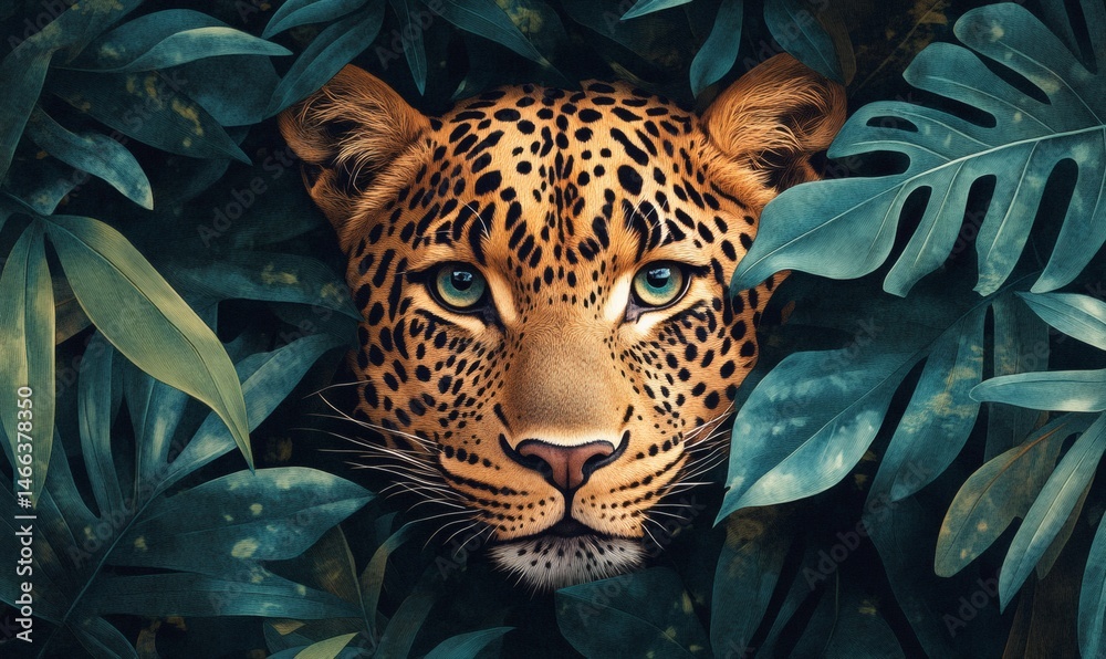 Intense jungle scene with leopard camouflaged in green leaves showing primal beauty and predator focus in the wild