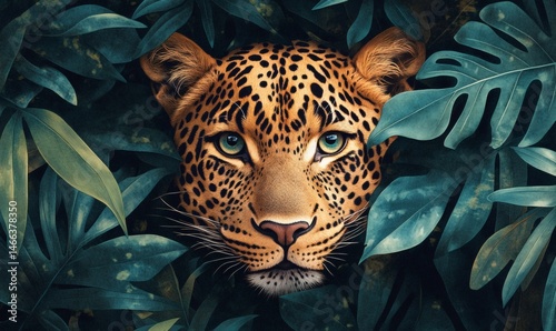Obraz na płótnie Intense jungle scene with leopard camouflaged in green leaves showing primal beauty and predator focus in the wild
w salonie