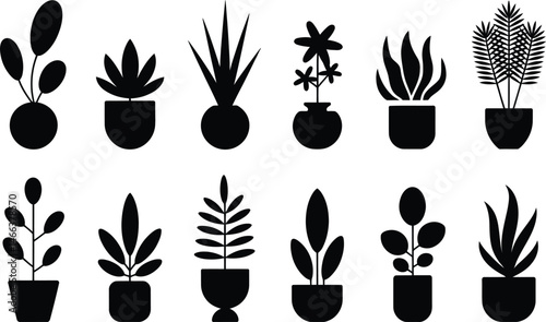 Black silhouette collection of diverse houseplants in pots for home decor and botanical design