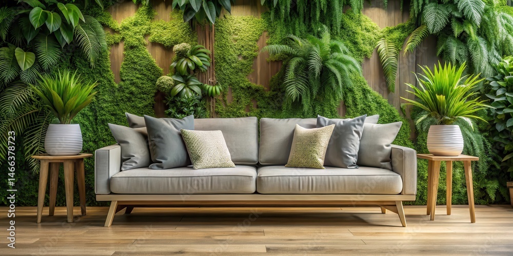 Fototapeta premium Modern sofa with lush greenery in the background