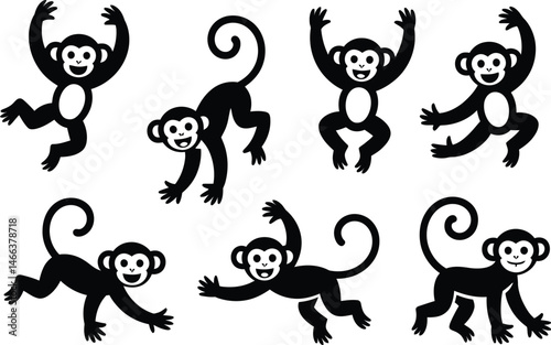 Playful black silhouette monkeys in various poses against white background vector illustration