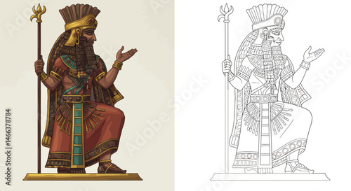 Majestic Monarch of Antiquity: An illustration depicting a regal ruler adorned in historical attire, presenting a vivid portrayal of a king from a bygone era.