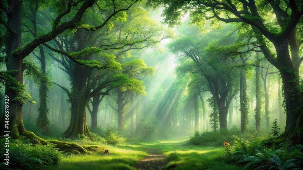 Fototapeta premium A serene forest landscape shrouded in a shimmering green mist that gently veils ancient trees and underbrush, outdoor scenery , atmospheric effects