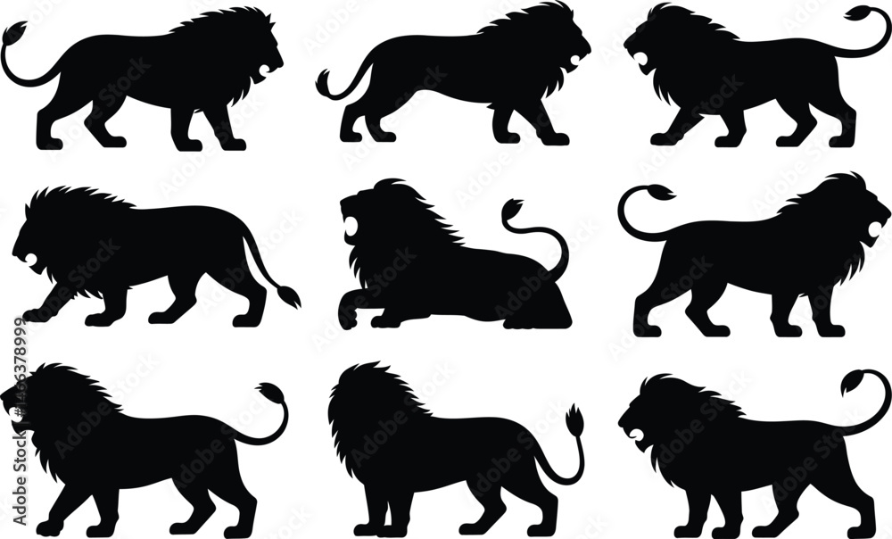 Obraz premium Majestic black lion silhouettes in various poses illustrating strength and power for design projects