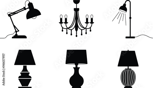 Collection of black silhouette illustrations of various lamps and elegant lighting fixtures