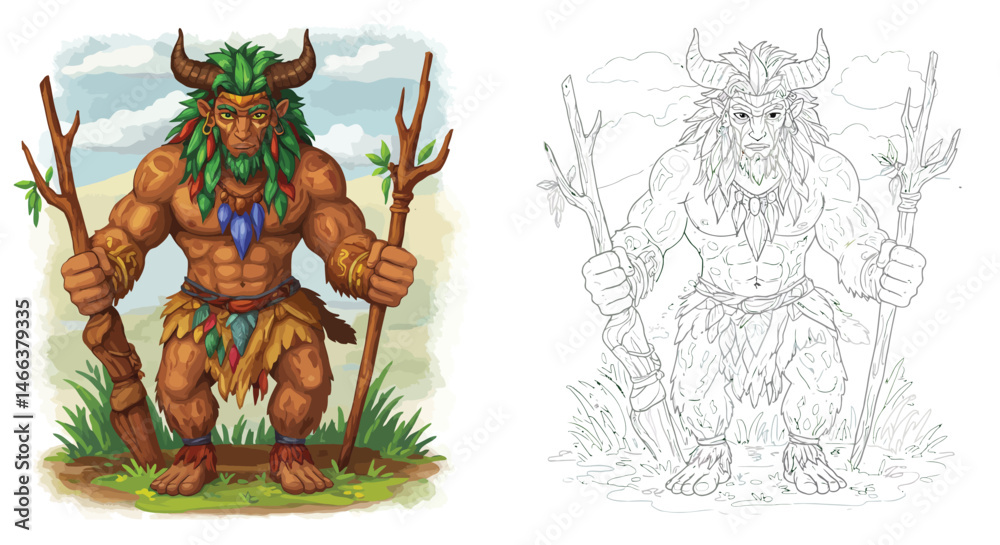 Fototapeta premium Guardian of the Forest: A majestic figure, protector of the woods, stands tall, holding a staff and wearing a crown of leaves, embodying the ancient connection between man and nature.