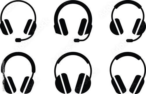 Collection of stylish black headphone icons representing communication support and customer service in various designs